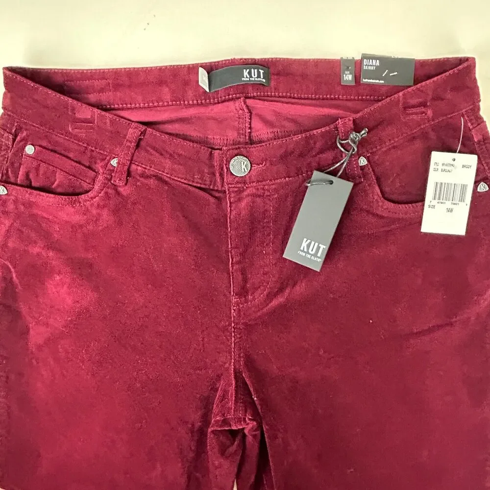 Kut From The Kloth Diana Skinny Corduroy Pants Women's 14W Currant Dark Red NWT